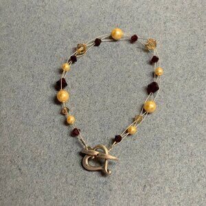 Toggle Heart Bracelet 7 In Dark Faceted Red Pale Pink Pearl Silver Heart Wire